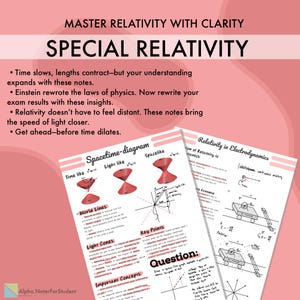 May include: Educational notes on Special Relativity in pink, featuring diagrams and text. The notes cover spacetime diagrams, light cones, and key points. The text includes the phrase "Master Relativity with Clarity".