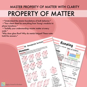 May include: A pink educational poster titled "Property of Matter" with text and diagrams. The poster includes information on atomic foundations, phase transitions, and Bravais lattices. Additional notes on bonding are also visible.