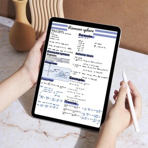 K&ouml;nnte beinhalten: Ein Tablet mit handschriftlichen Notizen zur Riemann-Sph&auml;re, Formeln und Beispielen. Der Bildschirm zeigt Text und Diagramme in blauer und schwarzer Tinte. Ein wei&szlig;er Stift wird in der N&auml;he des Bildschirms gehalten.