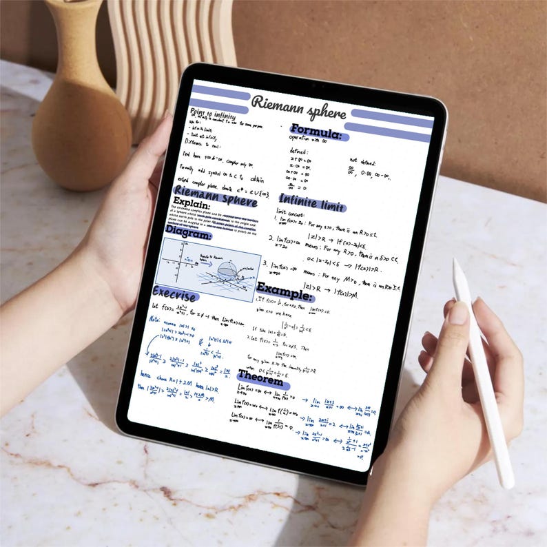 K&ouml;nnte beinhalten: Ein Tablet mit handschriftlichen Notizen zur Riemann-Sph&auml;re, Formeln und Beispielen. Der Bildschirm zeigt Text und Diagramme in blauer und schwarzer Tinte. Ein wei&szlig;er Stift wird in der N&auml;he des Bildschirms gehalten.