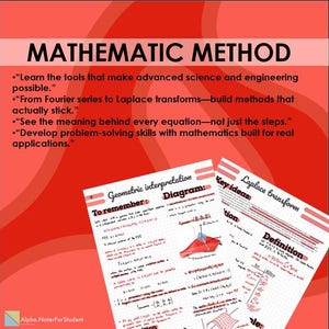 Puede incluir: Un gráfico educativo rojo titulado MATHEMATIC METHOD con puntos sobre herramientas científicas y de ingeniería. Debajo, dos hojas blancas con cuadrícula muestran notas matemáticas escritas a mano, incluyendo Geometric interpretation y Laplace transform.