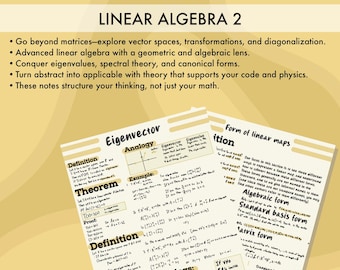 Könnte beinhalten: Zwei Seiten Notizen zur linearen Algebra mit dem Titel "LINEAR ALGEBRA 2". Die Notizen behandeln Themen wie Eigenvektoren, Theoreme und lineare Abbildungen. Der Text "MASTER LINEAR ALGEBRA WITH CLARITY" steht oben.