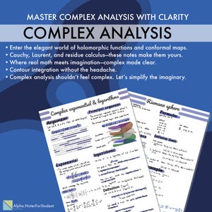 Może przedstawiać: Niebieski plakat edukacyjny z tytułem "Complex Analysis" i punktami opisującymi temat. Poniżej odręczne notatki na temat funkcji wykładniczych i logarytmicznych zespolonych oraz wzorów sfery Riemanna.