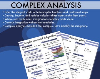 Könnte beinhalten: Ein blaues Lehrplakat mit dem Titel "Complex Analysis" und Aufzählungspunkten, die das Thema beschreiben. Darunter handschriftliche Notizen zu komplexen Exponential- und Logarithmusfunktionen sowie Riemann-Kugel-Formeln.