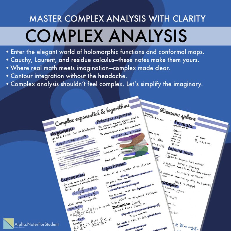 K&ouml;nnte beinhalten: Ein blaues Lehrplakat mit dem Titel "Complex Analysis" und Aufz&auml;hlungspunkten, die das Thema beschreiben. Darunter handschriftliche Notizen zu komplexen Exponential- und Logarithmusfunktionen sowie Riemann-Kugel-Formeln.