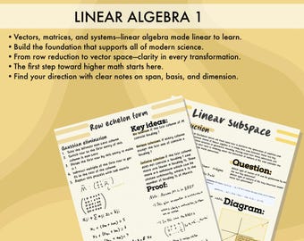 Könnte beinhalten: Lehrplakat "Master Linear Algebra with Clarity" mit handschriftlichen Notizen zu linearer Algebra. Themen sind die Zeilenstufenform, Gauß-Elimination und lineare Unterräume. Das Plakat ist für Studenten konzipiert.
