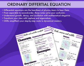 Könnte beinhalten: Ein violetter Hintergrund mit dem Text „MASTER ODE WITH CLARITY“ und „ORDINARY DIFFERENTIAL EQUATION“. Zwei Notizblätter sind sichtbar, mit handschriftlichen Gleichungen und Diagrammen. Die Notizen behandeln Themen wie „Theorem“ und „Senke, Quelle und Sattel“.