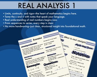 Könnte beinhalten: Ein Lehrbild mit dem Titel „REAL ANALYSIS 1“ und Notizen zu mathematischen Konzepten. Das Bild enthält Text über Grenzwerte, Stetigkeit und reelle Zahlen sowie Beispiele für Notation und Definitionen. Das Farbschema ist überwiegend blau und weiß.