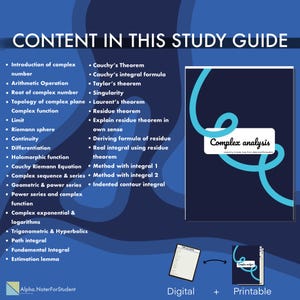 K&ouml;nnte beinhalten: Ein marineblaues Studienheft mit dem Titel "Complex Analysis" mit einer Liste von Themen, darunter Theoreme und Funktionen. Der Leitfaden ist in digitaler und druckbarer Form erh&auml;ltlich. Der Text "Content in this Study Guide" steht oben.