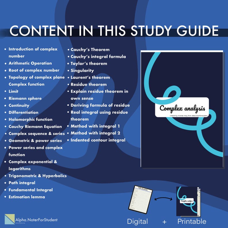 K&ouml;nnte beinhalten: Ein marineblaues Studienheft mit dem Titel "Complex Analysis" mit einer Liste von Themen, darunter Theoreme und Funktionen. Der Leitfaden ist in digitaler und druckbarer Form erh&auml;ltlich. Der Text "Content in this Study Guide" steht oben.