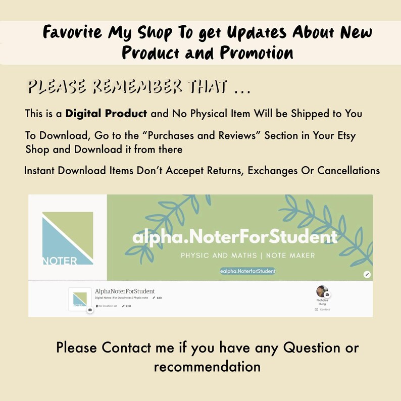 K&ouml;nnte beinhalten: Werbebild mit Text: "Favorite My Shop To get Updates About New Product and Promotion." Es enth&auml;lt auch den Text "alpha.NoterForStudent" und "PHYSIC AND MATHS | NOTE MAKER."