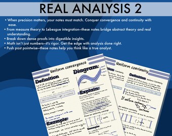 Könnte beinhalten: Blauer Hintergrund mit dem Text "MASTER REAL ANALYSIS 2 WITH CLARITY" und "REAL ANALYSIS 2". Zwei Seiten handschriftlicher Notizen zur reellen Analysis im Vordergrund, mit Diagrammen und Gleichungen.