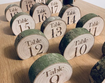 High table number 13 to 15cm, personalized in wooden logs, wedding decor table numbers, country birthday