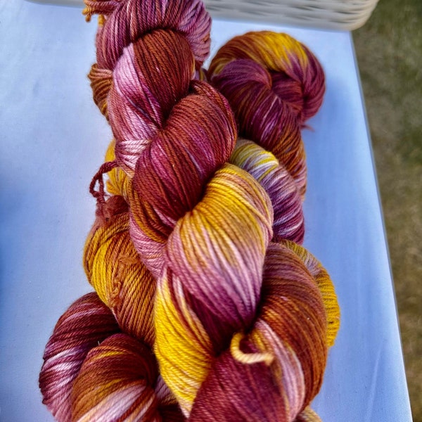 Burgundy and Gold - hand dyed - yarn - merino wool - hank - fingering weight - sock weight - crochet yarn - knitting yarn