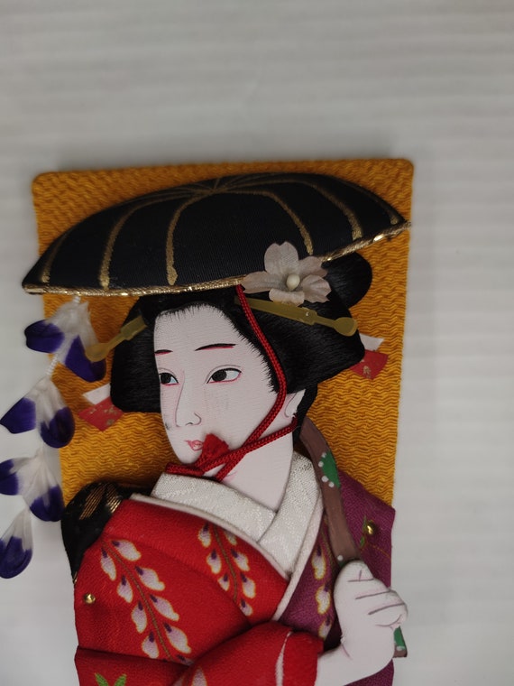 Japanese Geisha Hagoita Wooden Fan Paddle Vtg Han… - image 5