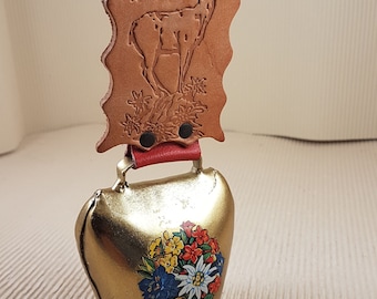 Vintage Italy Brass Cow Bell big Hanging Edelweiss handpainted