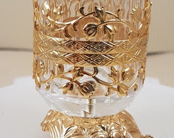 Vintage Ringschale Vase Kerzenleuchter Mini mit Gold Metall filigran Kristallglas