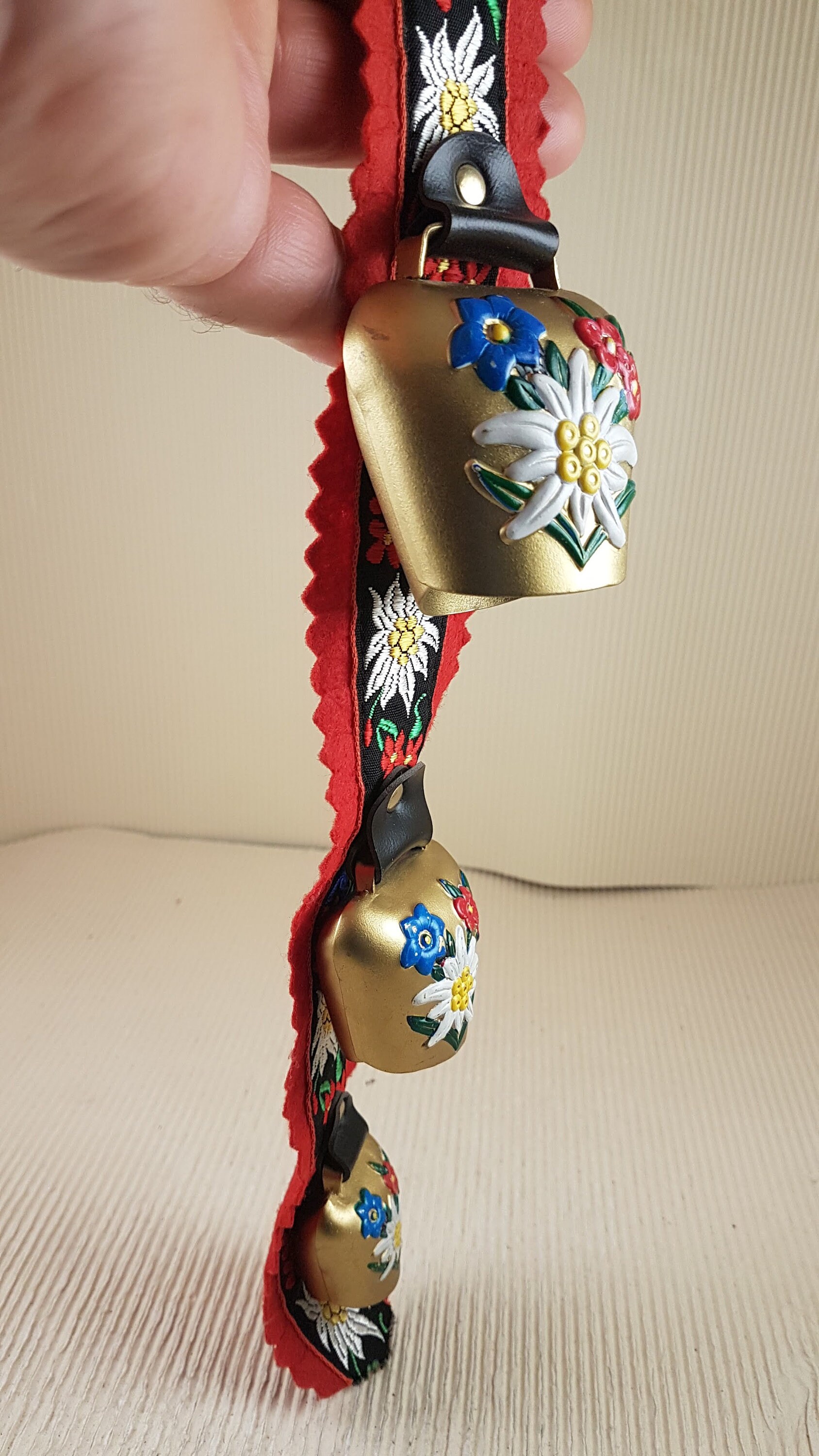 Vintage Austrian Brass Cow Bells set of three on one ribbon
