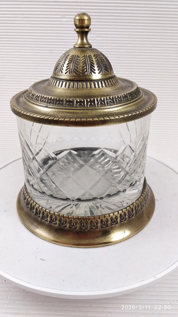 Antique Cut Crystal Apothecary Vanity Jar with Ornate Metal Lid Shabby Chic napkin holder