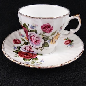 1930s Vintage English Crown Staffordshire Roses Teacup and Saucer Set Pretty Tea Cup porcelain