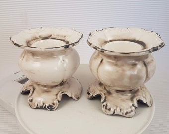 Antique Bavaria candleholders set of two beige porcelain capodimonte style