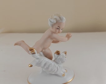 Vintage Antique Cherub Puti running with dog Figurine