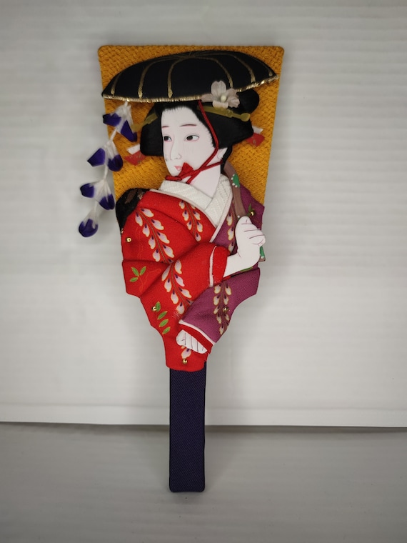 Japanese Geisha Hagoita Wooden Fan Paddle Vtg Han… - image 1