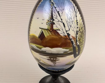 Vintage Russian Folk Art Egg, ręcznie malowany rosyjski kościół