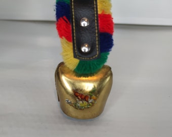 Vintage Austrian mini Brass Cow Bell Hanging Edelweiss Flowers Ribbon Trier