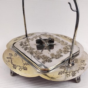 Vintage cute silver bowl with lid engraved square Sardines with handle antique glass bowl missing?