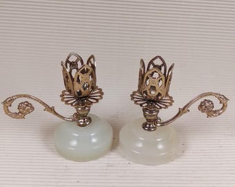 Vintage candlesticks set of two onyx marble brass