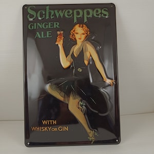 Tin Sign with Retro 'Whisky or Gin Schweppes Ginger Ale Metal Sign embossed