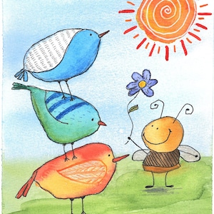 May include: Watercolor illustration of three colorful birds stacked on top of each other, with a smiling bee holding a flower. A bright orange sun shines in the sky above a green field. The artwork has a whimsical, cheerful feel.