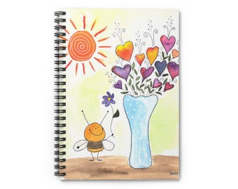 Whimsical Bee and Heart Flowers Spiral Notebook - Ruled Line