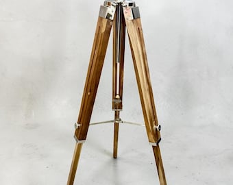 Wooden Tripod Lamp Base, Handmade Natural Wood Finish, Metal Accents, Rustic Decor