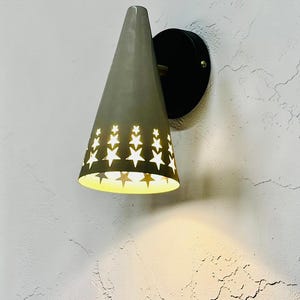 Brass Cone Wall Sconce, Star Perforated Shade, Mid Century Light Fixture