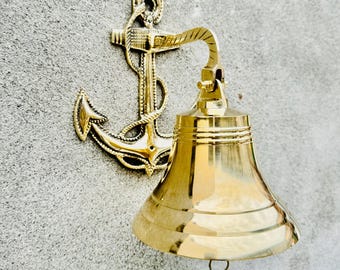 Nautical Brass Ship Bell with Rope, Wall Hanging Dinner Bell Bracket