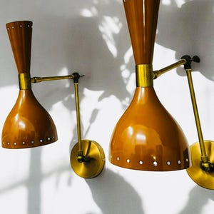 Mid Century Modern Italian Stilnovo Style Pair of Brown Plug-In Wall Sconces Reading Lamps