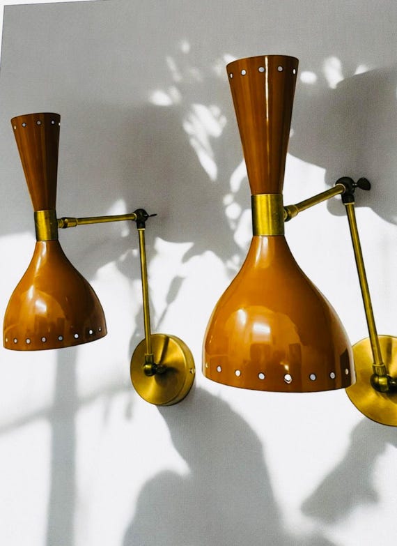 Mid Century Modern Italian Stilnovo Style Pair of Brown Plug-In Wall Sconces Reading Lamps