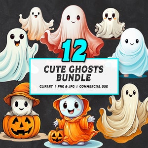 12 Cute Ghost Clipart Bundle | Halloween Ghost Clipart PNG & JPG, Spooky Art, Halloween png, Ai Art, Digital Download, Commercial Use