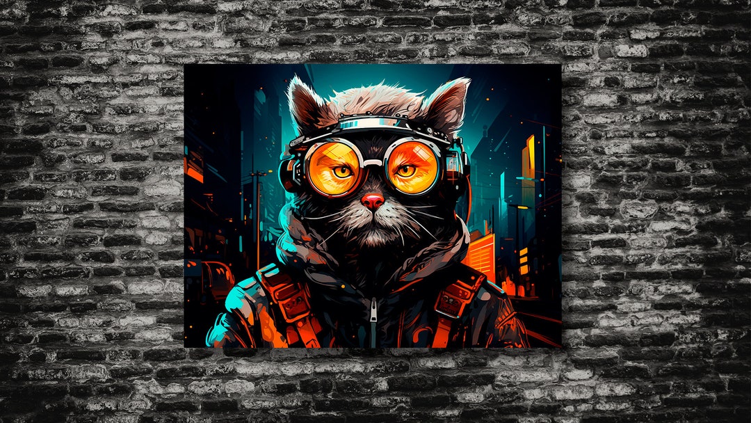 Cyberpunk Cat Art Print – Neon Goggles, Futuristic Wall Decor (digital ...