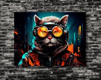 Cyberpunk Cat Art Print – Neon Goggles, Futuristic Wall Decor (Digital Download)
