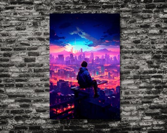 Cyberpunk stadsgezicht kunst – futuristische sci-fi digitale print (JPG en PNG)