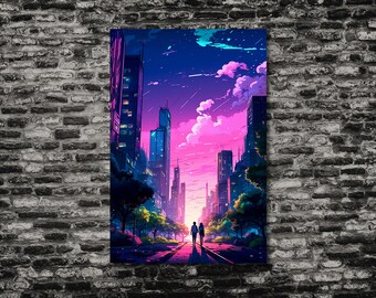 Anime City Street Sunset Art Print | Cyberpunk Japoński plakat (pobranie cyfrowe)