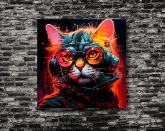 Neon Cyberpunk Cat Art – Futuristic Wall Decor (Digital Download)