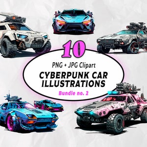 10 Cyberpunk Car Clipart — Futuristic Car Clip Art Illustrations PNG & JPG, Instant Download, Ai Art, Commercial Use [Digital Download]