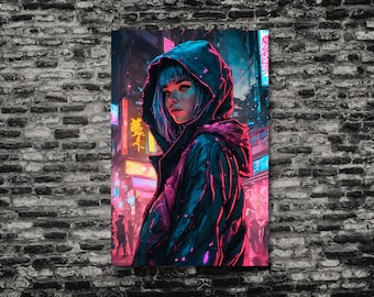 Japanese Cyber Nights Art Print – Neon City Girl, Gaming Room Decor (Digital Download)