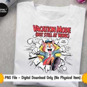 Camiseta "Modo Vacaciones, pero aún en el Trabajo": Divertida camiseta con humor laboral, camiseta con dibujos de gatos, camiseta con gráficos de estilo retro vintage, un bonito regalo para trabajar desde casa.