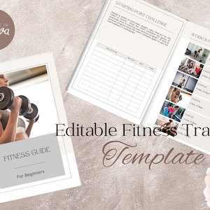 Może przedstawiać: Edytowalny szablon treningu fitness z wyzwaniem punktu wyjścia, rutynowym treningiem i przewodnikiem fitness dla początkujących. Szablon przedstawia kobietę podnoszącą ciężary na siłowni.
