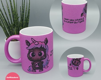 Glitzertasse, Einhorn, es klatscht Glitzer, Kaffeebecher, Kaffeetasse, Teetasse, lustige Tasse, purple